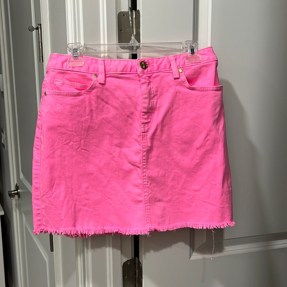 Lilly Pulitzer Neon Pink fringe denim mini skirt size 4